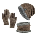 Men's winter knit set with fleece-lined beanie, scarf, and touch screen gloves in brown - Khaki