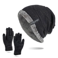 Winter thermal set including dark grey knit beanie with plush lining and matching gloves - Navy Blue