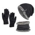 Winter 3er-Set mit Fleece-Futter, Strickmütze, Loop-Schal und Touchscreen-Handschuhe - Marineblau