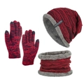 Winter men's 3-piece set with thermal fleece lining: knit hat, scarf and touchscreen gloves - Burgundy