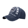 Vintage washed navy blue denim baseball cap with OWNS embroidery and distressed brim - Navy Blue