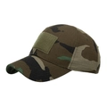 Tactical baseball cap with woodland camouflage pattern and front hook-and-loop patch panel - Camo Coffee