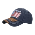 Vintage navy washed cotton baseball cap with American flag patch and brown brim detailing - Navy Blue