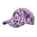 Floral baseball cap with purple abstract flower pattern and gold outlines on white background - Purple