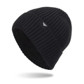 Classic black ribbed knit beanie with small logo patch and thermal fleece lining - Black