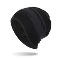 Black and dark grey striped knit beanie with thick warm fleece lining for men - Navy Blue