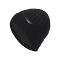 Classic black ribbed knit beanie for men featuring a warm fleece lining and leather label - Black