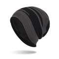 Mens black and dark grey striped knit beanie with warm fleece lining and round crown - Dark Gray