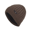 Winter rib-knit beanie in dark brown with cozy fleece lining and leather brand patch - Coffee