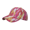 Red baseball cap with vibrant multi-color feather print and adjustable curved brim - Red
