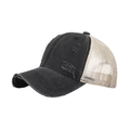 Distressed black and white mesh trucker hat with washed denim and vintage ripped details - Black