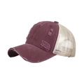 Distressed burgundy and beige mesh trucker hat with vintage torn brim detail - Burgundy