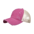 Distressed rose pink baseball trucker cap with torn brim and cream mesh back - Plum Red