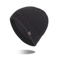 Men's black thick knit beanie with thermal fleece lining and decorative leather patch - Black
