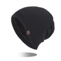 Black knit beanie for men with warm fleece lining and a brown leather side patch - Black