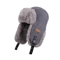 Winter thermal grey trapper hat with fleece lining and adjustable leather strap - Gray