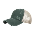 Distressed dark green trucker hat with breathable beige mesh and vintage washed finish - Green