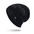 Black winter knit beanie with grey cloud pattern and warm fleece lining for men - Black