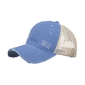 Distressed light blue denim trucker hat with vintage torn details and beige mesh back - Blue