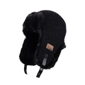 Black pilot trapper hat featuring faux fur lining and a side leather logo patch - Black