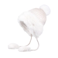 Cream knit winter hat with large faux fur pom-poms and warm ear flaps for cold weather - Beige Gradient