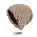 Winter camel knit beanie for men with thick black fleece lining and snowflake patch - Khaki