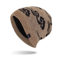 Winter thermal knit beanie in khaki with black pattern and thick fleece lining for men - Khaki