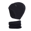Mens winter knit beanie hat and neck warmer set with fleece lining in solid black - Black