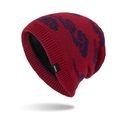 Deep red knit beanie with navy pattern and warm black fleece lining for winter - Burgundy