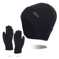 Conjunto de gorro de punto y guantes para hombre en negro con forro polar cálido - Negro