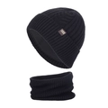 Men's winter knit beanie and neck warmer set in black with warm fleece lining - Black