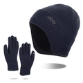 Conjunto de gorro de punto azul marino y guantes táctiles con forro polar de invierno - Azul Marino