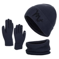 Men's navy blue winter knit set with thermal fleece-lined beanie and touch-screen gloves - Navy Blue