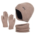 Men's 3-piece khaki knit winter set with fleece-lined hat, scarf, and touch gloves - Knit Hat Gloves And Neck Warmer / Khaki