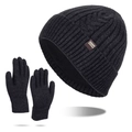 Set de invierno con gorro negro de punto grueso y guantes táctiles para hombre - Conjunto de Gorro y Guantes / Gris Jaspeado Oscuro