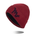 Thick burgundy knitted beanie with warm fleece lining and artistic letter pattern - Red