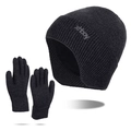Conjunto térmico de invierno con gorro de punto negro y guantes a juego para el frío - Gris Jaspeado Oscuro