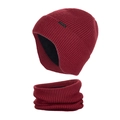 Burgundy warm knitted winter hat and neck warmer set with soft black fleece lining - Red