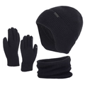 Set invernale da 3 pezzi con berretto in maglia, scaldacollo e guanti touch neri - Nero
