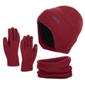 Three-piece winter knit set in burgundy with fleece-lined hat, neck warmer and touch gloves - Knit Hat Gloves And Neck Warmer / Red