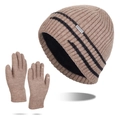 Ensemble d'hiver bonnet tricoté camel et gants avec doublure polaire et rayures noires - Kaki