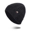 Thick warm dark grey cable knit beanie for men with thermal fleece lining and leather patch - Deep Heather Grey