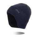 Dark blue winter knit beanie hat with ear flaps and xhboy logo on front side - Navy Blue