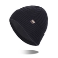 Classic black knitted winter beanie for men with warm fleece lining and brand label - Black