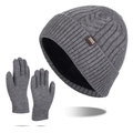 Conjunto de gorro y guantes de punto gris con forro polar cálido y puntas táctiles - Conjunto de Gorro y Guantes / Gris Jaspeado Medio