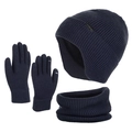 Set invernale blu scuro con berretto con paraorecchie, scaldacollo e guanti touch screen - Blu Notte