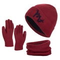Winter 3-piece set with ribbed knit hat, scarf, and touch gloves in dark red - Red