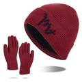 Winter set with wine red thermal knit beanie and touchscreen gloves in thick ribbed texture - Red