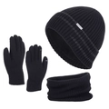 Ensemble d'hiver noir avec bonnet en maille côtelée, gants tactiles et cache-col assorti - Noir