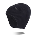Men's winter thick ribbed knit earflap beanie hat in black with metal logo detail - Black